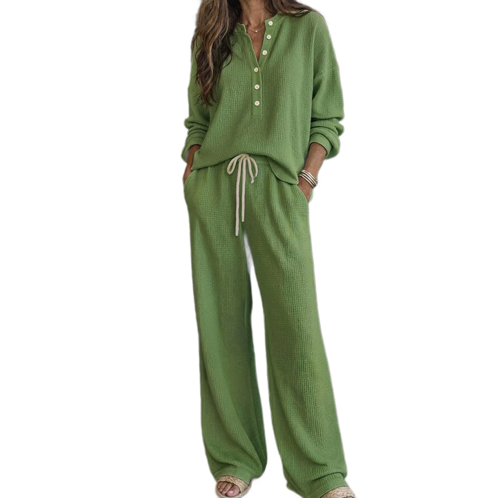 Damen Waffelstrick-Loungewear-Set mit Henley-Oberteil, Kordelbund und weiter Palazzo-Hose Echoarchiv
