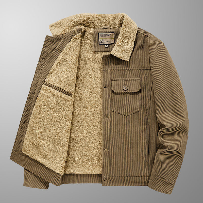 Herren Cord-Truckerjacke mit Sherpa-Innenfutter, Brustpattentasche und geradem Saum Echoarchiv