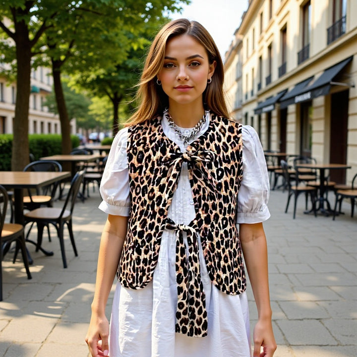 Damen Ärmellose Chiffon-Bluse mit Leopardenprint und doppelter Schleifenfront Echo Archiv