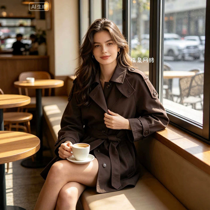 Damen Kurzer Cape‑Trench mit Bindegürtel und Epauletten Echoarchiv