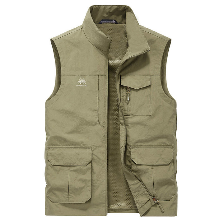 Herren Mehrtaschen Utility-Weste mit Reißverschluss, Mesh‑Innenfutter und Stehkragen Echoarchiv