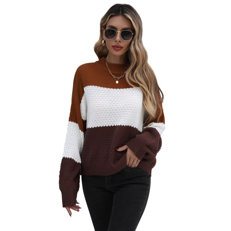 Damen Strukturstrick-Blockpullover mit überschnittener Schulter und Rundhalsausschnitt Echoarchiv