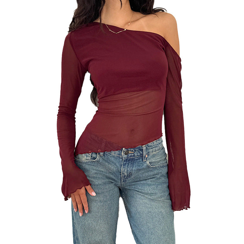 Damen asymmetrisches Langarmshirt mit transparenten Ärmeln und figurbetonter Silhouette Echo Archiv