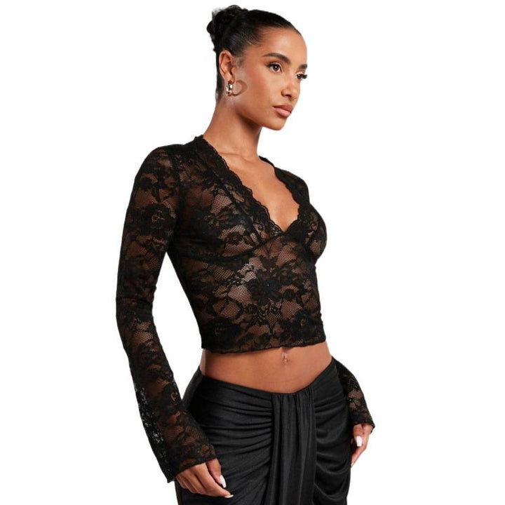 Damen Spitze Bluse mit eleganten Trompetenärmeln und V-Ausschnitt Echo Archiv