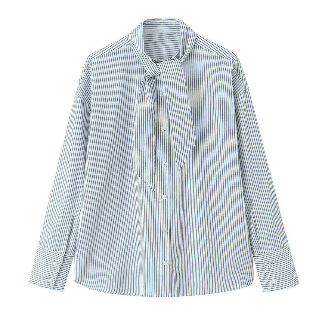 Damen Bindeschal‑Bluse mit Streifenmuster und Oversize‑Passform Echoarchiv