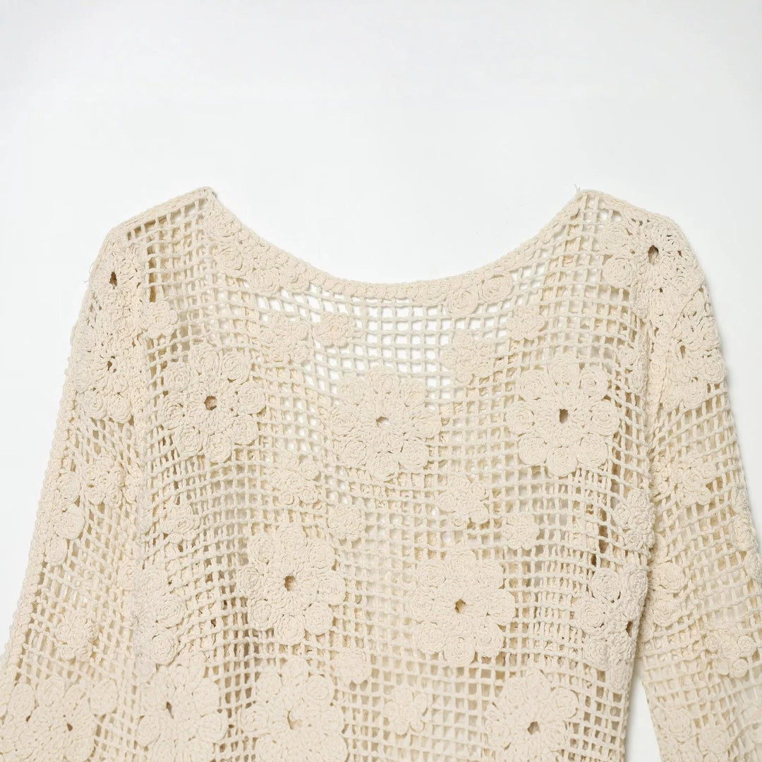 Damen Häkelbluse mit floralem Crochet‑Motiv, V‑Ausschnitt und Tunnelzug Echoarchiv