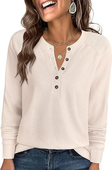 Damen Waffelstrick-Henley-Longsleeve mit Knopfleiste, Raglanärmeln und gerippten Bündchen Echo Archiv