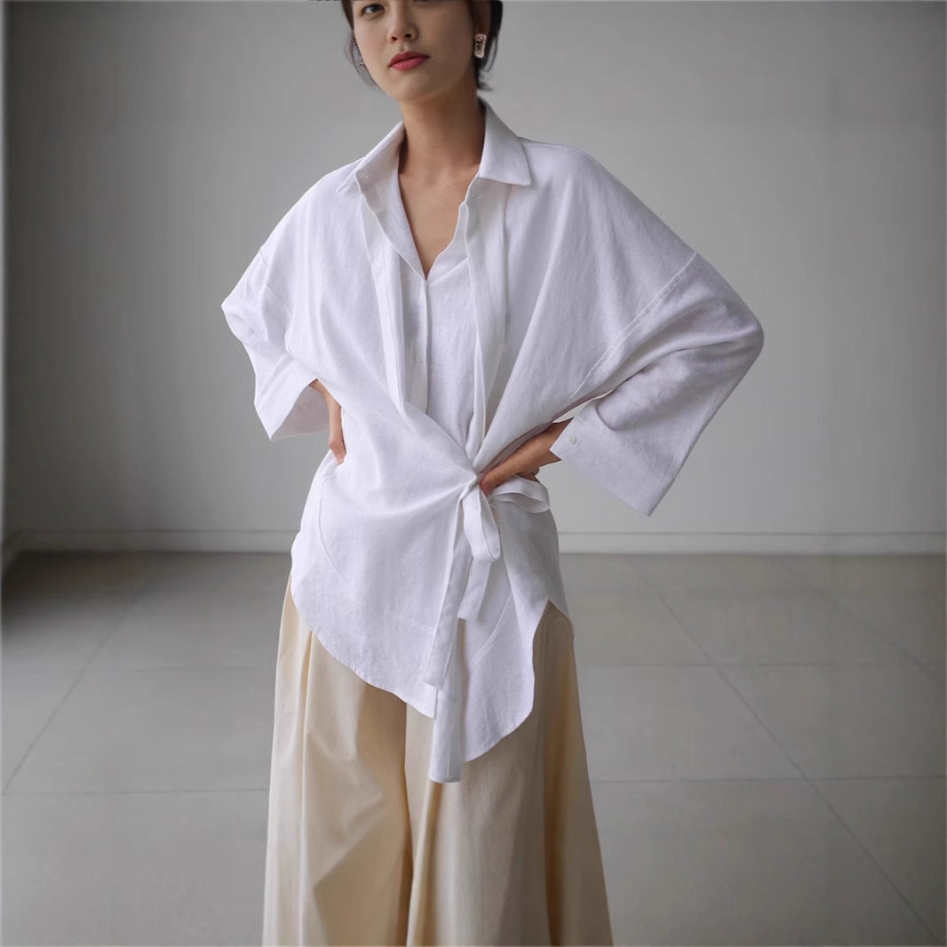 Damen Wickel-Langbluse aus Leinenmix mit Seitenschleife und Oversize-Schnitt – Élovi