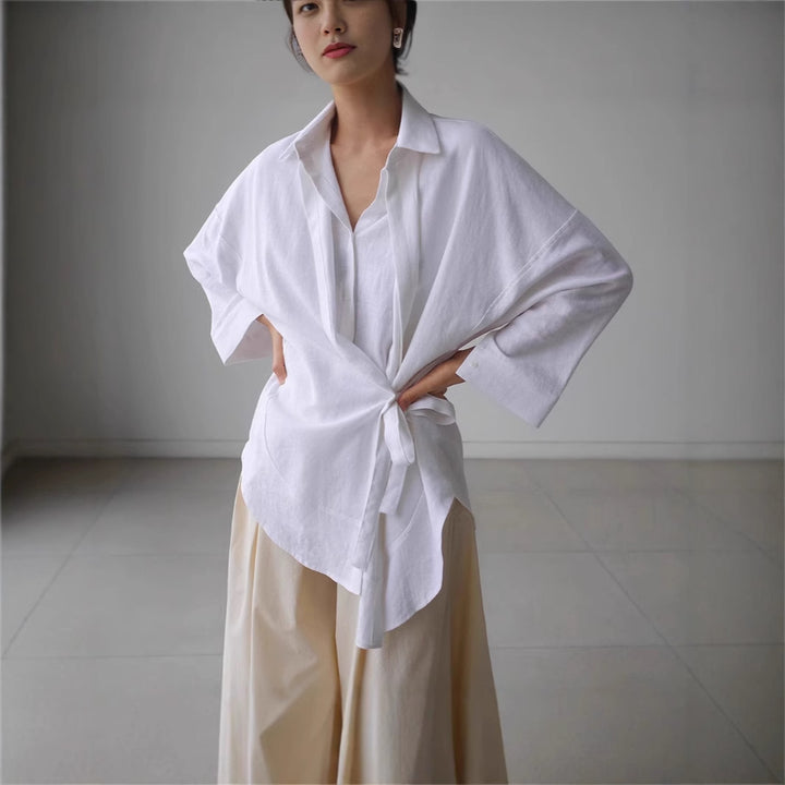 Damen Wickel-Langbluse aus Leinenmix mit Seitenschleife und Oversize-Schnitt – Élovi
