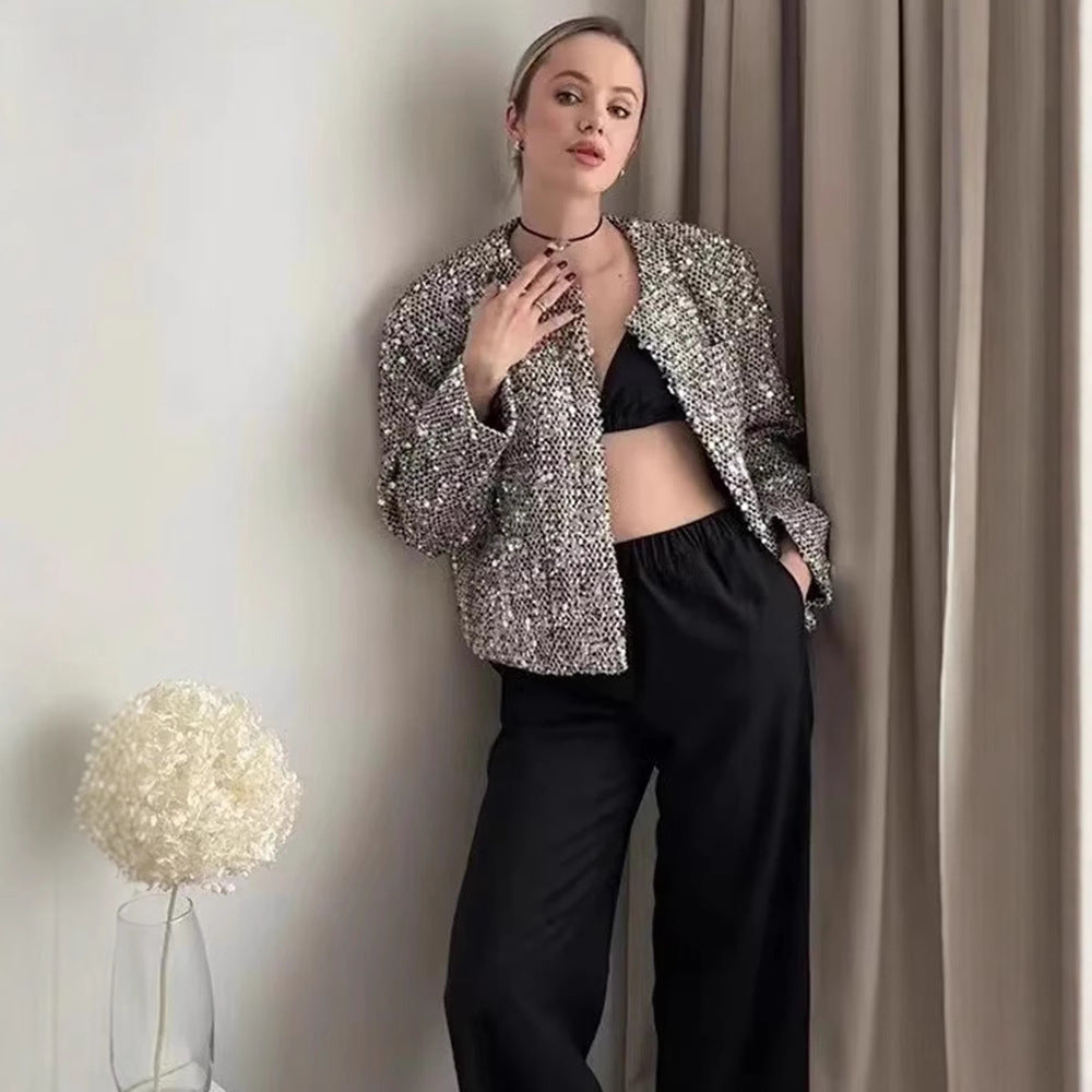 Damen nan gefütterte Bouclé-Kurzjacke mit Paillettenbesatz, Rundhalsausschnitt und offener Front Echo Archiv