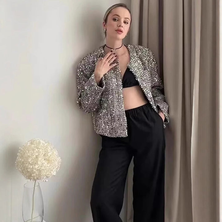 Damen nan gefütterte Bouclé-Kurzjacke mit Paillettenbesatz, Rundhalsausschnitt und offener Front Echo Archiv