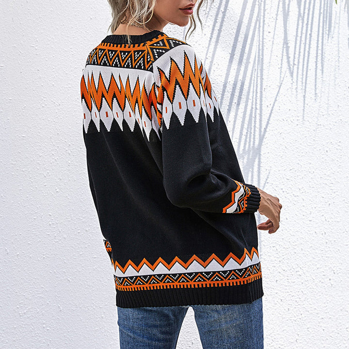 Damen Oversize Strickpullover mit geometrischem Aztekenmuster und asymmetrischem schulterfreiem Ausschnitt Echoarchiv