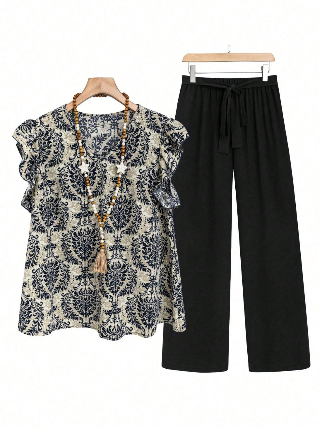 Damen Zweiteiliges Ensemble mit Rüschen-Printbluse und weitem Taillen-Hosenmodell – Élanora