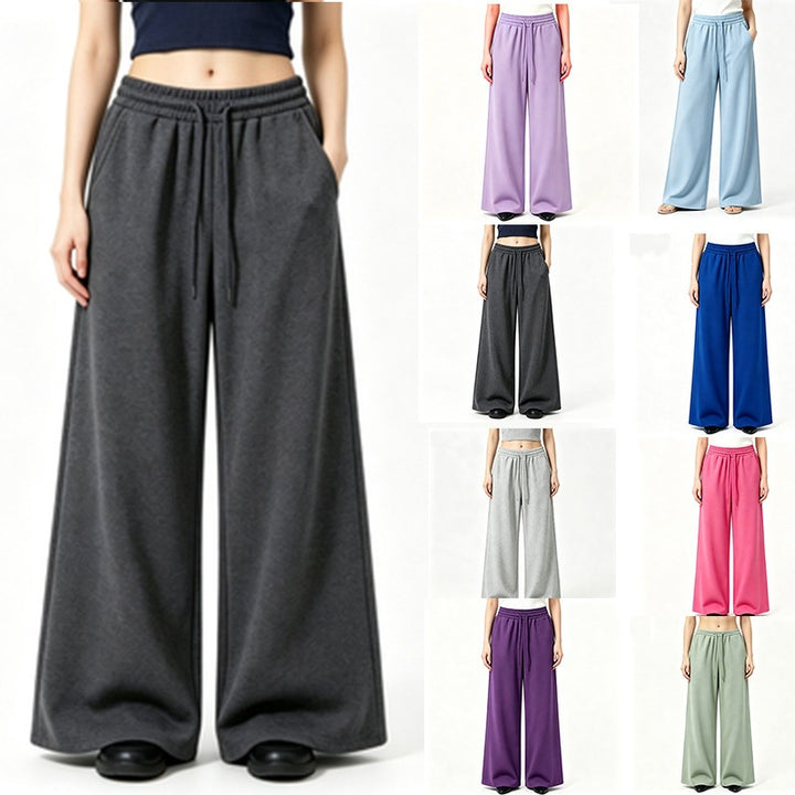 Damen weite High-Waist Loungehose mit elastischem Bund, Kordelzug und fließendem Jersey – Avélisse