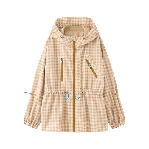 Damen Karo-Übergangsjacke mit Kapuze, Tunnelzug und wasserabweisender Beschichtung Echoarchiv