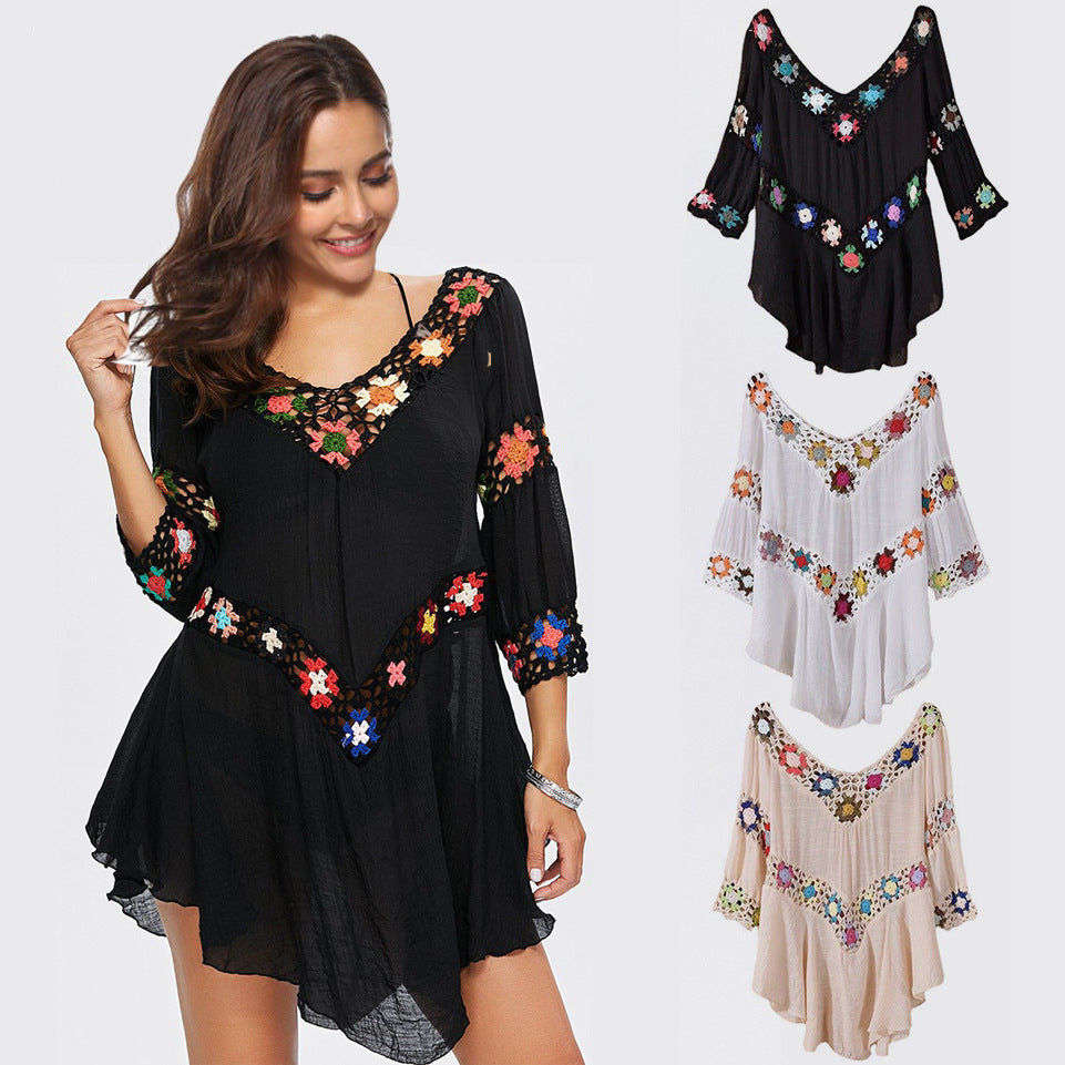 Damen Häkelbluse mit bunten Floral-Applikationen Echo Archiv