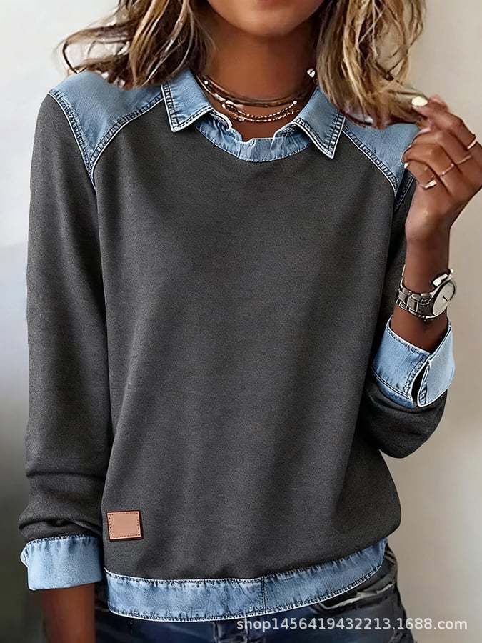 Damen nan gerippter Strickpullover mit Jeanskragen und Knopfleiste Echo Archiv