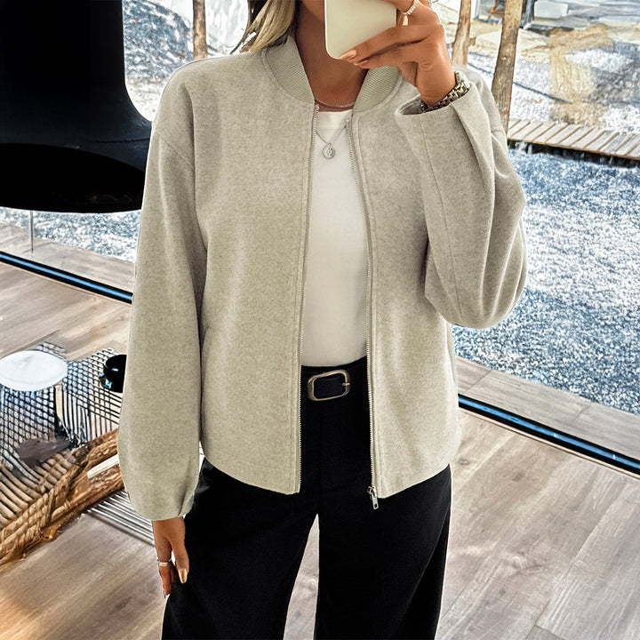 Damen leichte Fleece‑Bomberjacke mit Stehkragen, zweiseitigem Reißverschluss und lässiger Oversize‑Passform – Avenza
