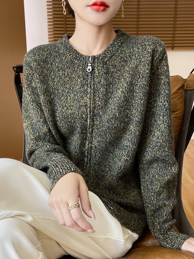 Damen Melierter Reißverschluss-Cardigan mit Zwei-Wege-Zipper und gerippten Bündchen Echoarchiv