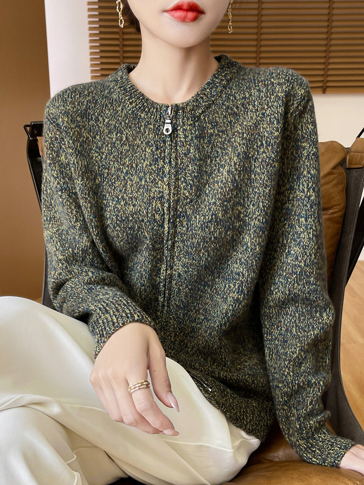 Damen Melierter Reißverschluss-Cardigan mit Zwei-Wege-Zipper und gerippten Bündchen Echoarchiv