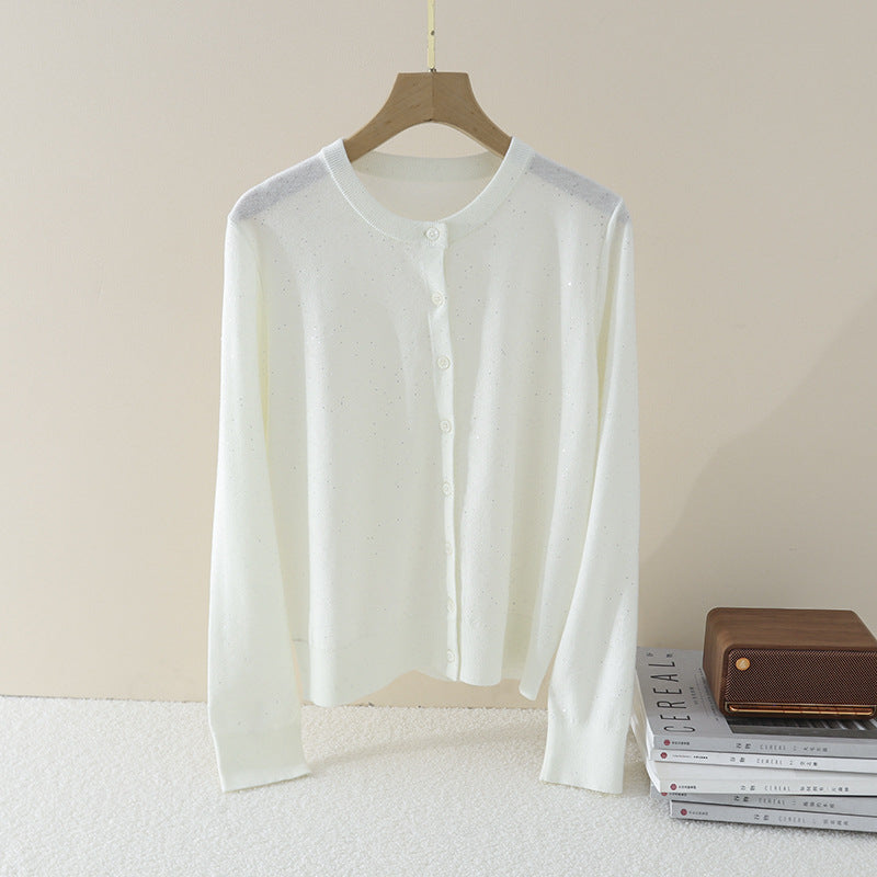 Damen Feiner Rundhals-Cardigan aus leichtem Feinstrick mit Perlmuttknopfleiste und dezentem Glitzereffekt Echo Archiv
