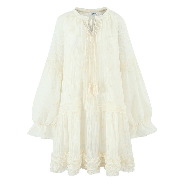Damen Lockeres Boho-Minikleid mit Rüschen, Voluminösen Ballonärmeln und Quastenschnürung Echoarchiv