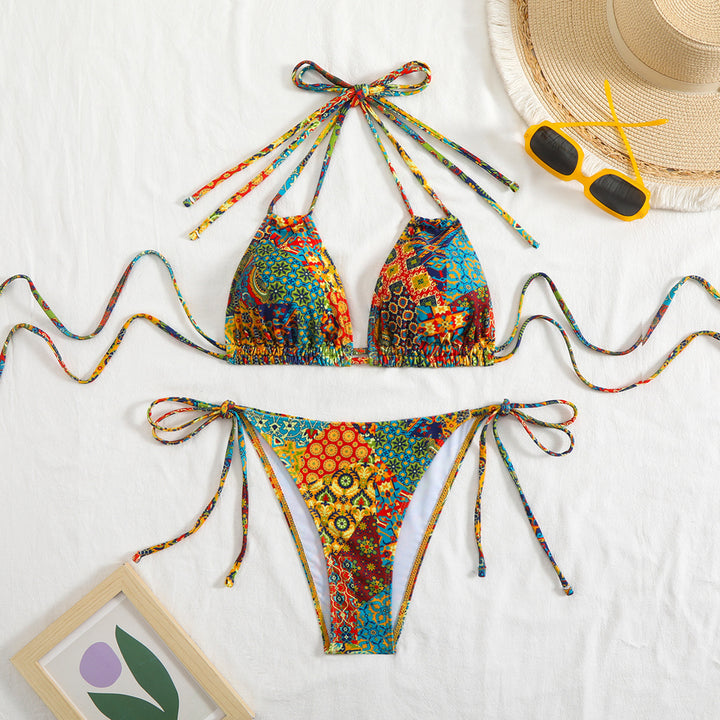 Damen Bikini-Set mit verspieltem Bindeband und buntem Muster Echo Archiv
