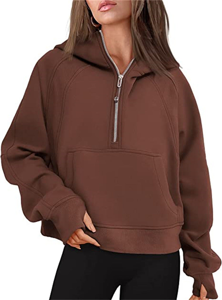 Damen Oversize-Hoodie mit halbem Reißverschluss, Kängurutasche und Daumenlöchern – Auréline