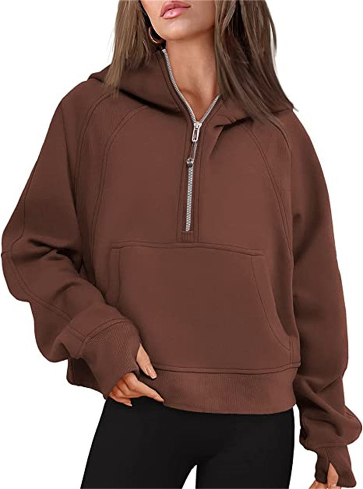 Damen Oversize-Hoodie mit halbem Reißverschluss, Kängurutasche und Daumenlöchern – Auréline