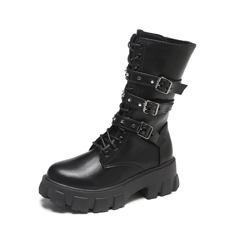 Damen Plateau-Bikerstiefel mit dreifacher Zierschnalle und massiver Profilsohle Echo Archiv