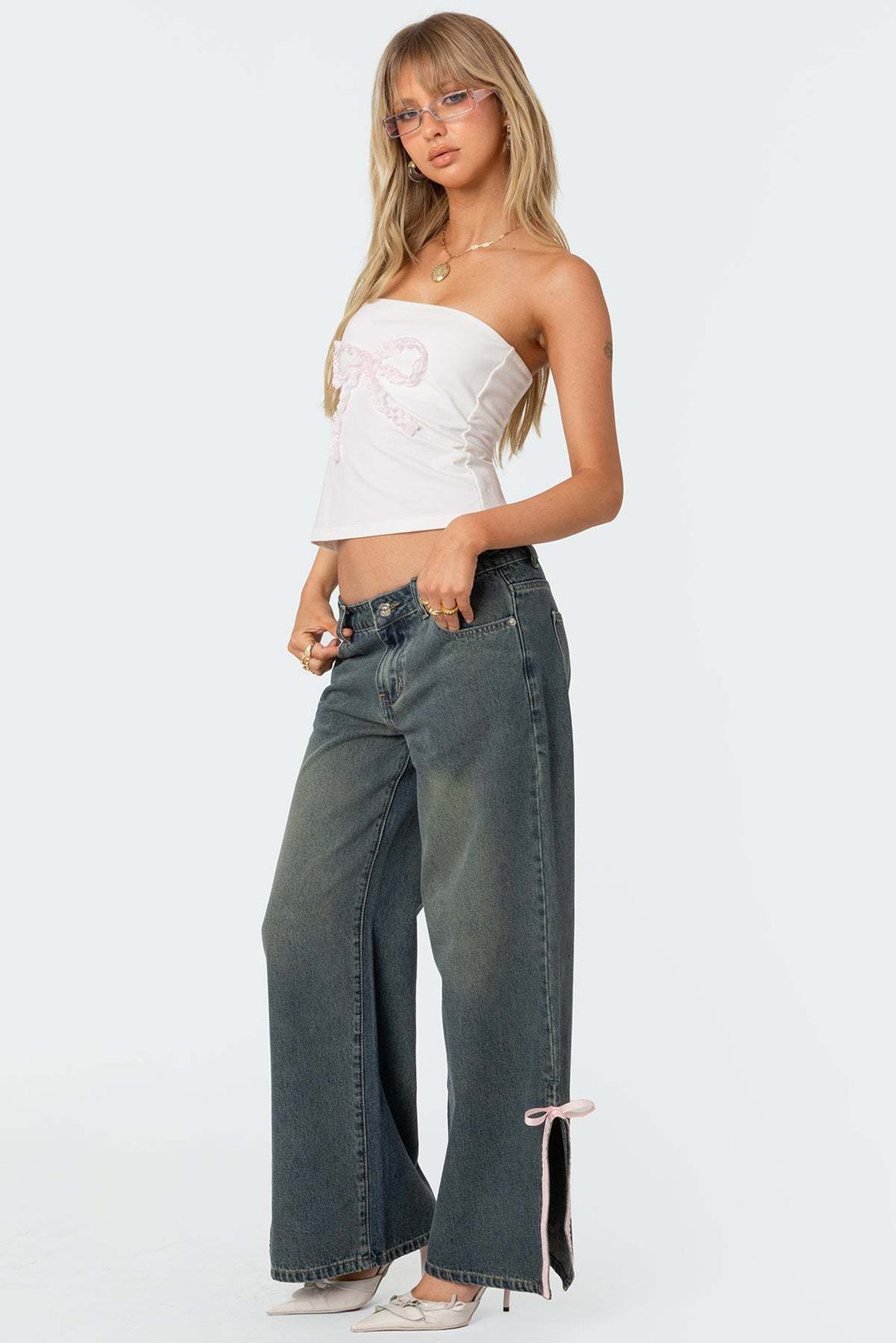 Damen Hohe Taillen Denim-Hose mit modischen Schleifendetails Echo Archiv