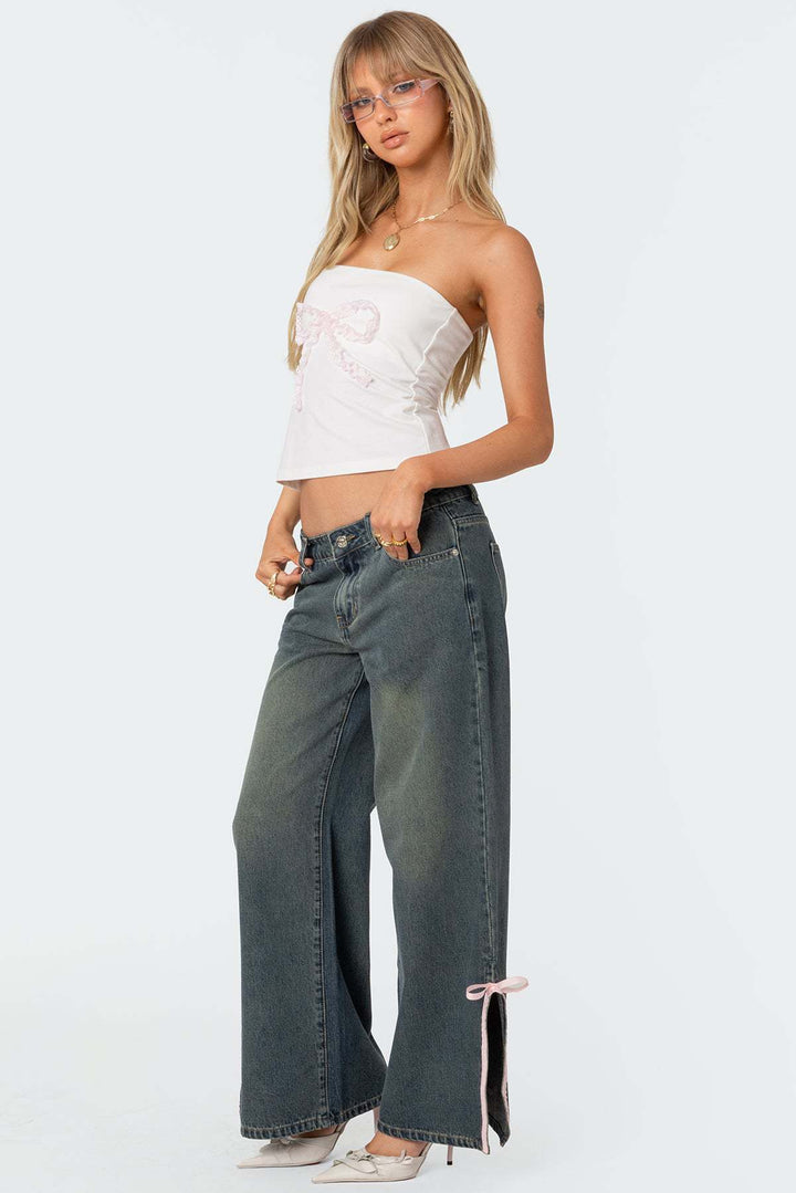 Damen Hohe Taillen Denim-Hose mit modischen Schleifendetails Echo Archiv