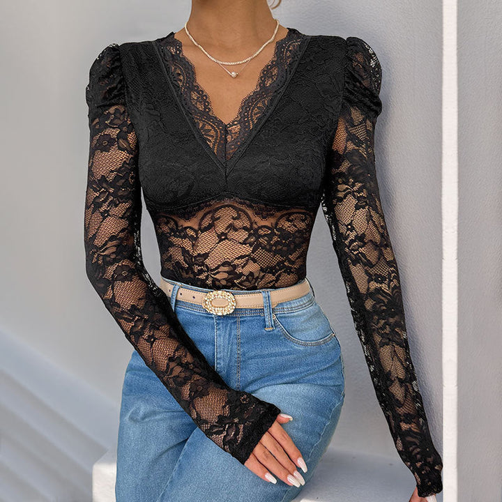 Damen Figurbetonter Spitzenbody mit transparentem Mesh, V‑Ausschnitt und Puffärmeln Echoarchiv