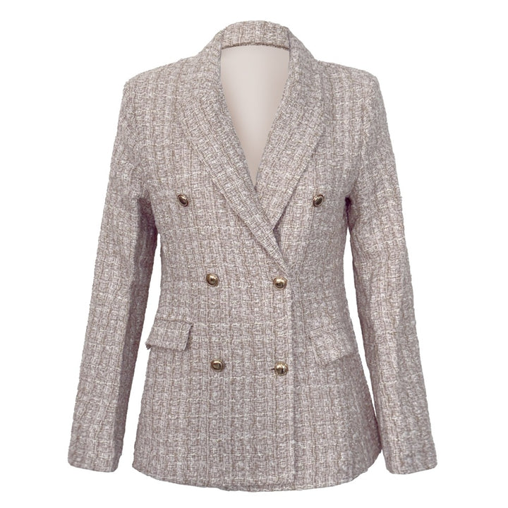 Damen Doppelreihiger Bouclé-Blazer mit Schalkragen, taillierter Silhouette und Zierknöpfen – Valéne