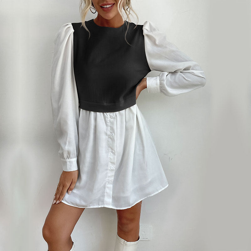 Damen Hemdblusenkleid mit eingesetzter kurzgeschnittener Weste, Puffärmeln und taillierter Silhouette Echoarchiv