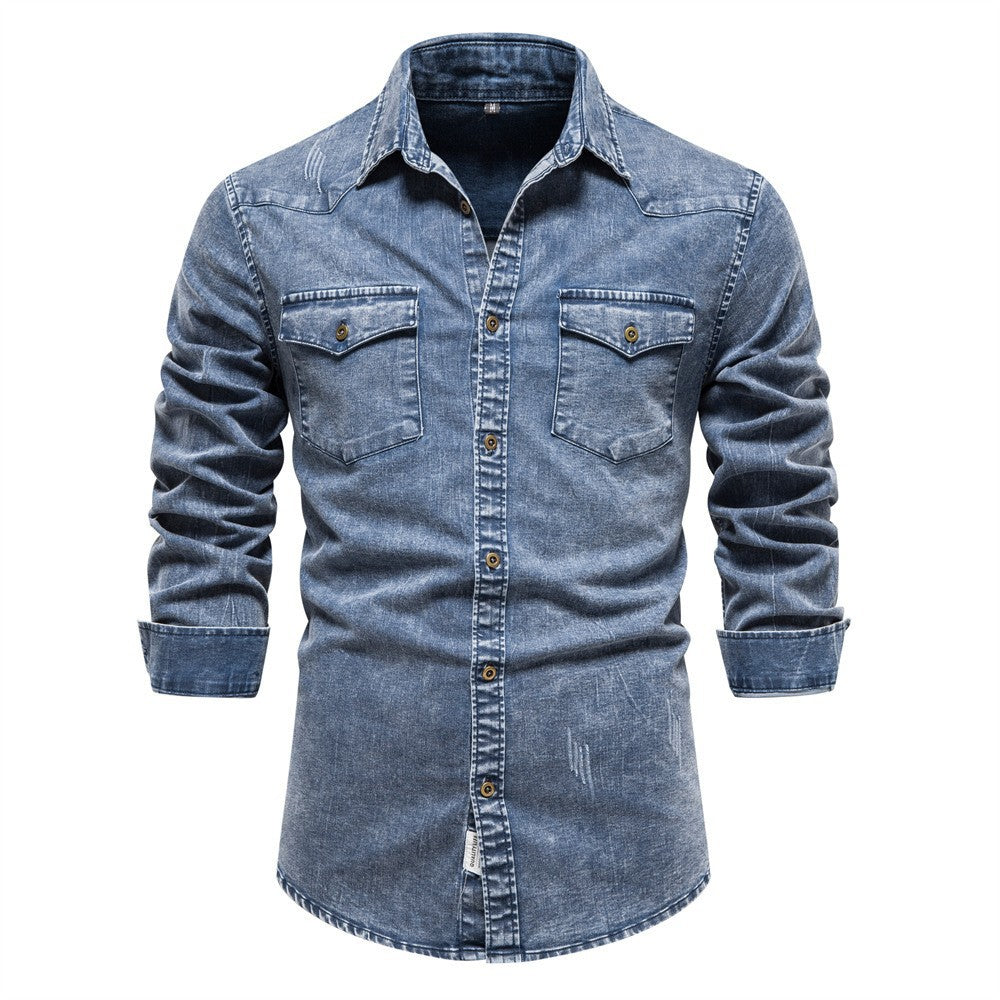 Herren Denim Hemdbluse mit zwei Brusttaschen und geschmackvollen Stickereien Echoarchiv