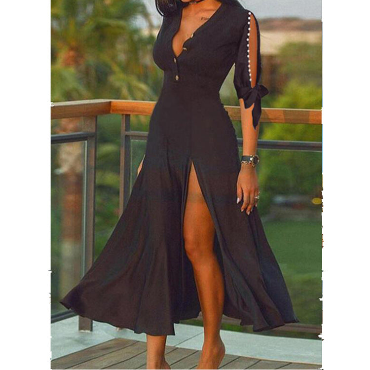 Damen nan Maxikleid im Abendlook mit tiefem V-Ausschnitt, hohen Frontschlitzen und geknoteten Cut-Out-Ärmeln Echo Archiv