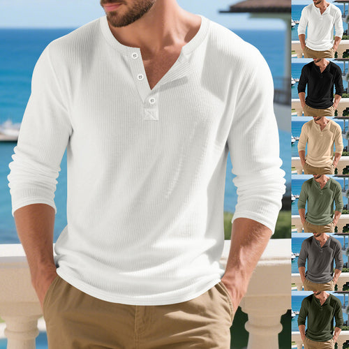 Herren langärmeliges Henley-Shirt aus strukturiertem Stoff Echoarchiv