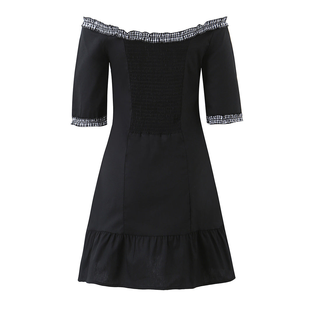 Damen Off-Shoulder Carmenkleid mit Knopfleiste, taillierter A‑Linie und kariertem Rüschenbesatz Echo Archiv