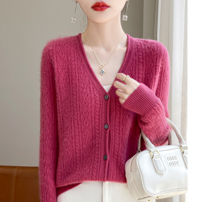 Damen Kurzer Zopfmuster-Cardigan im Mohair-Look mit V‑Ausschnitt und gerippten Bündchen Echoarchiv