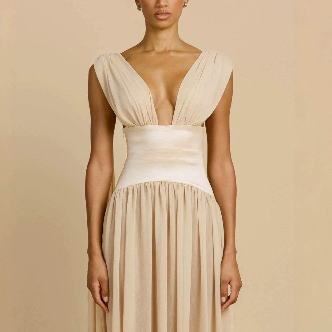 Damen Elegantes Langarm-Maxikleid mit tiefem V-Ausschnitt Echo Archiv