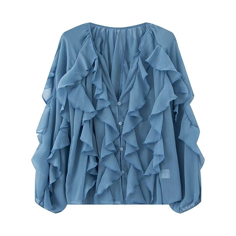 Damen Volant-Chiffonbluse mit Knopfleiste, gerafftem Ausschnitt und Ballonärmeln Echo Archiv