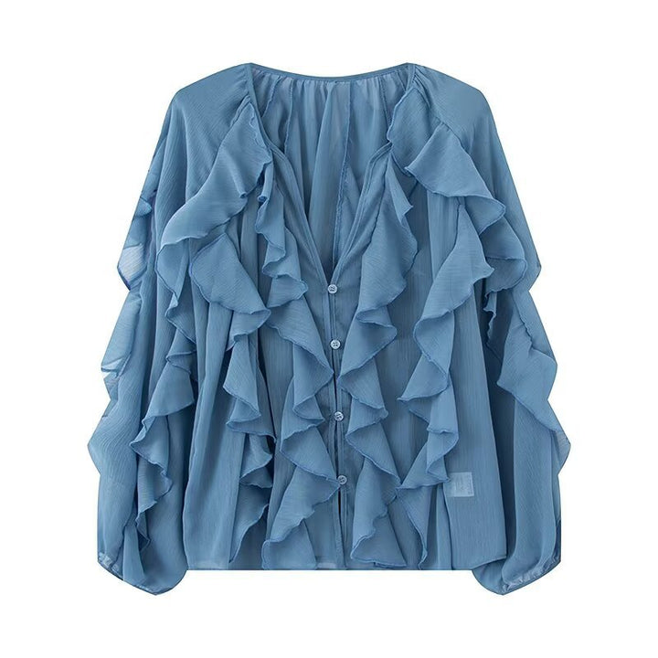 Damen Volant-Chiffonbluse mit Knopfleiste, gerafftem Ausschnitt und Ballonärmeln Echo Archiv