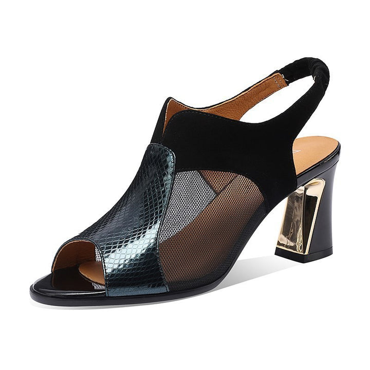 Damen nan elegante Sandalette mit offenem Zehenbereich Netz-Einsätzen und geformtem Blockabsatz Echo Archiv