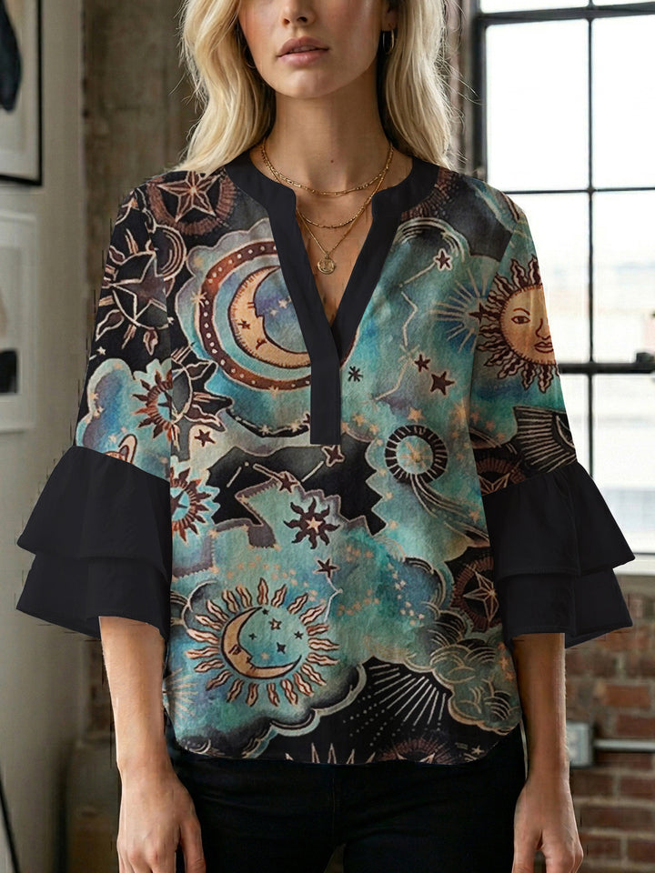 Damen lässige Bluse mit Volantärmeln und botanischem Druck Echo Archiv