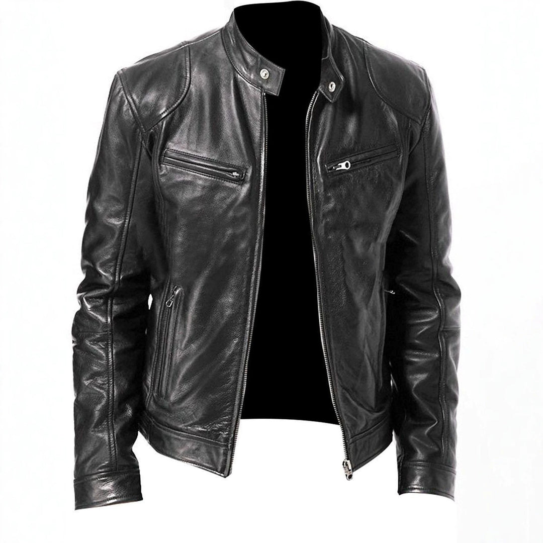 Herren nan vintage-inspirierte Lederjacke im Bikerstil mit Stehkragen und sichtbaren Reißverschlüssen Echo Archiv