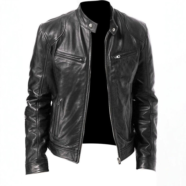 Herren nan vintage-inspirierte Lederjacke im Bikerstil mit Stehkragen und sichtbaren Reißverschlüssen Echo Archiv