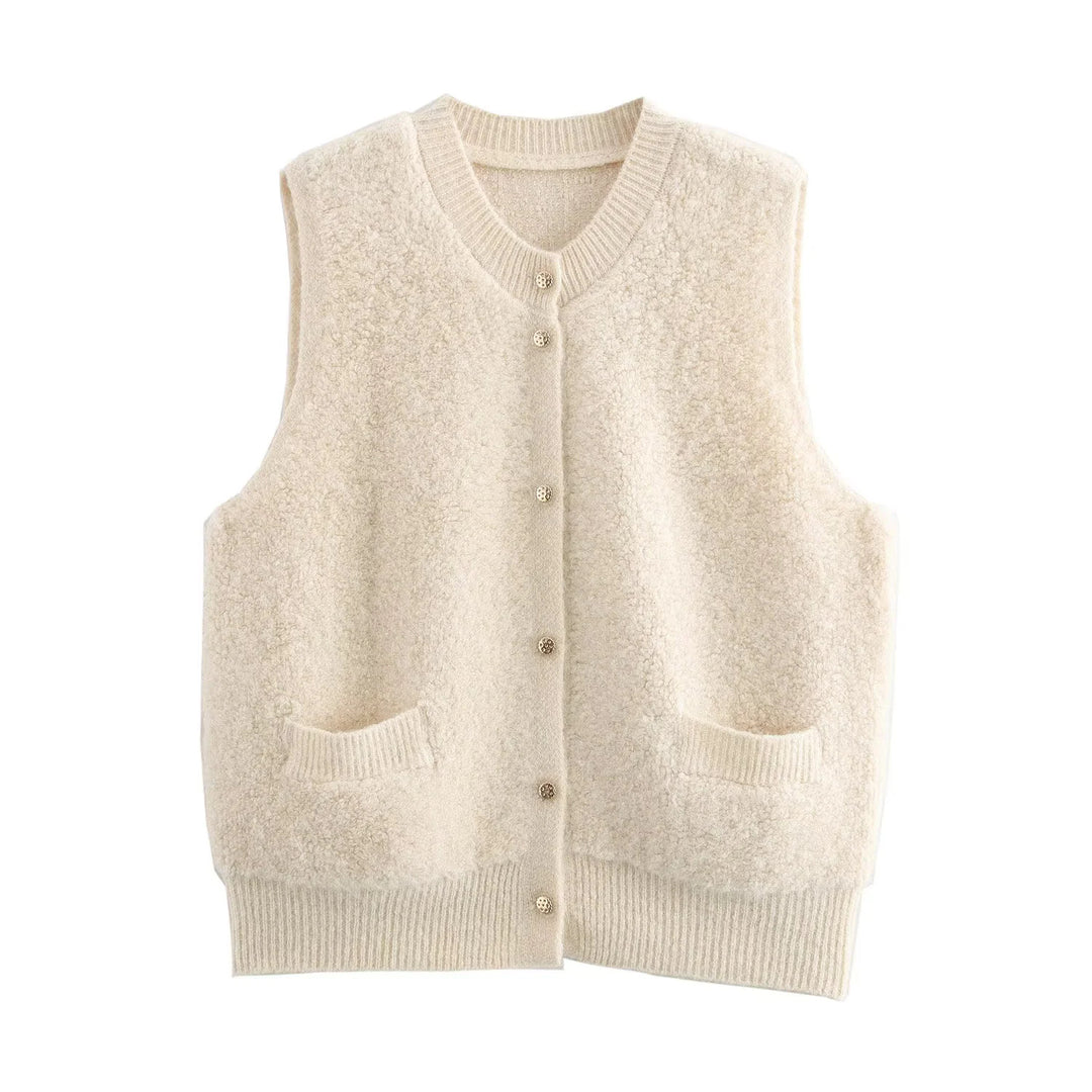 Damen Ärmellose Teddy‑Weste mit Knopfleiste und aufgesetzten Taschen Echoarchiv