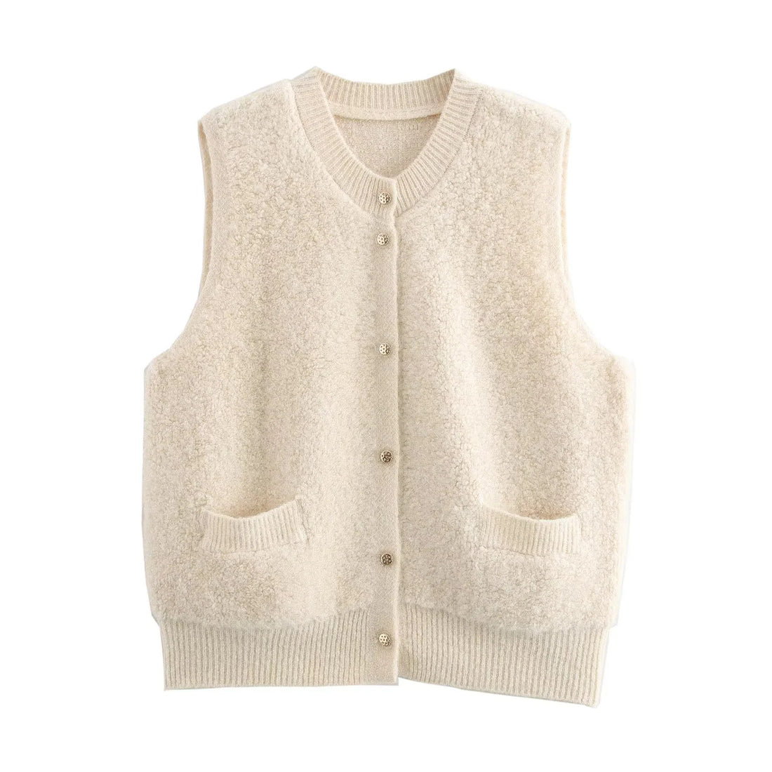 Damen Ärmellose Teddy‑Weste mit Knopfleiste und aufgesetzten Taschen Echoarchiv