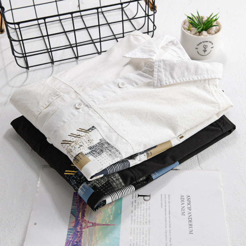 Herren Leichtes Baumwoll-Canvas-Overshirt mit abstraktem Frontprint und Doppelbrusttasche Echoarchiv